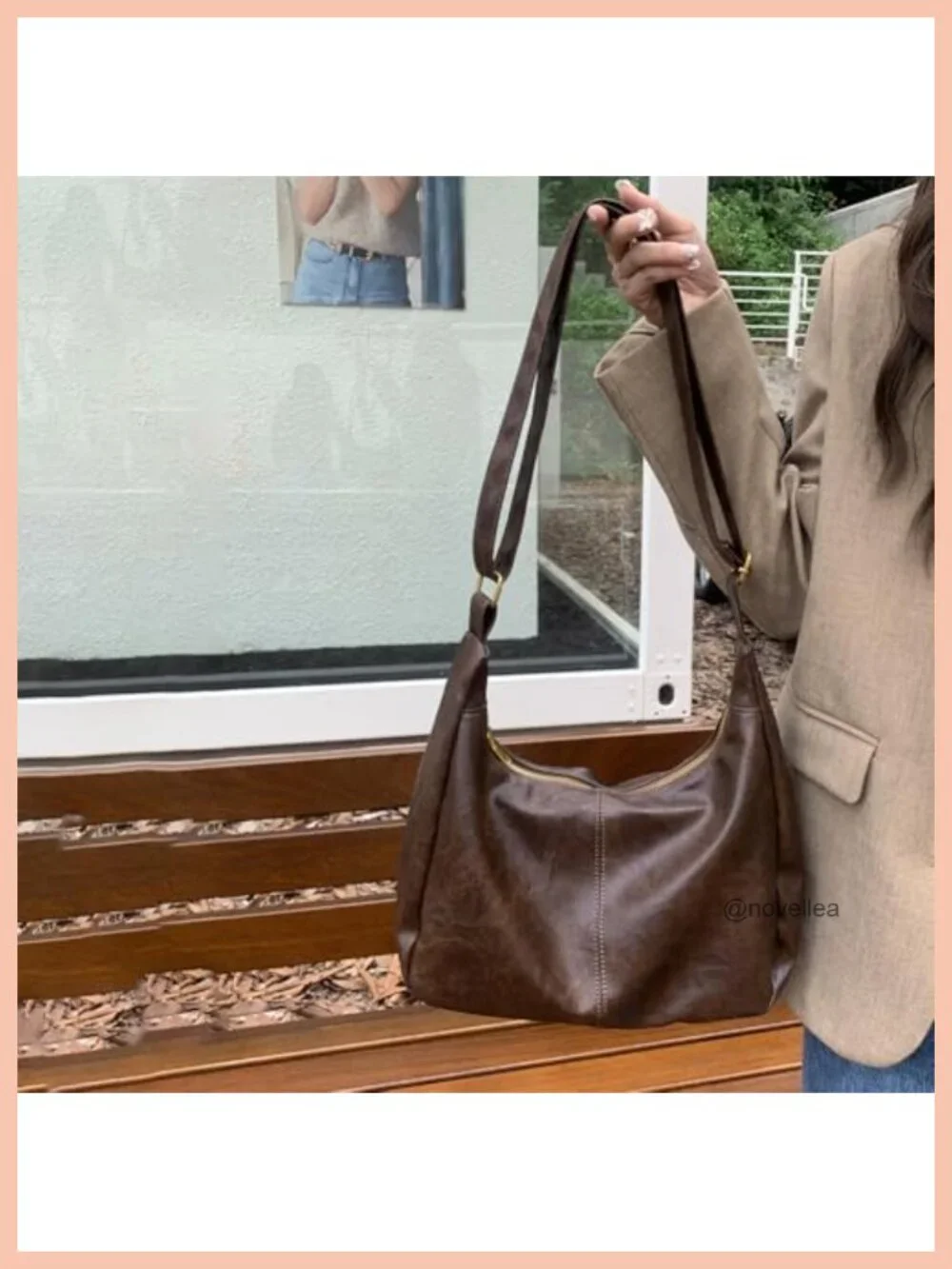 Brown Slouchy Hobo Shoulder Bag Women PU Leather Crossbody Tote with Zipper